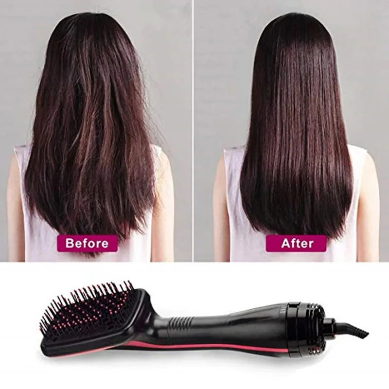 Before and after images of a hair styling tool used for drying and styling hair.