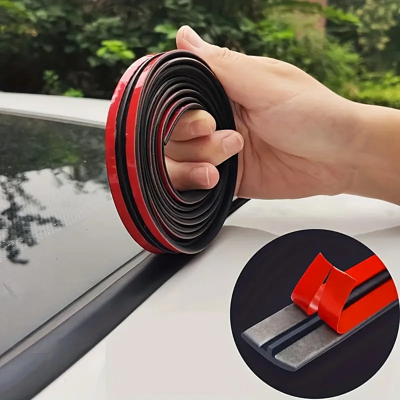A hand is holding a black rubber seal strip with red accents, demonstrating the T-shaped product for car windshield gap prote