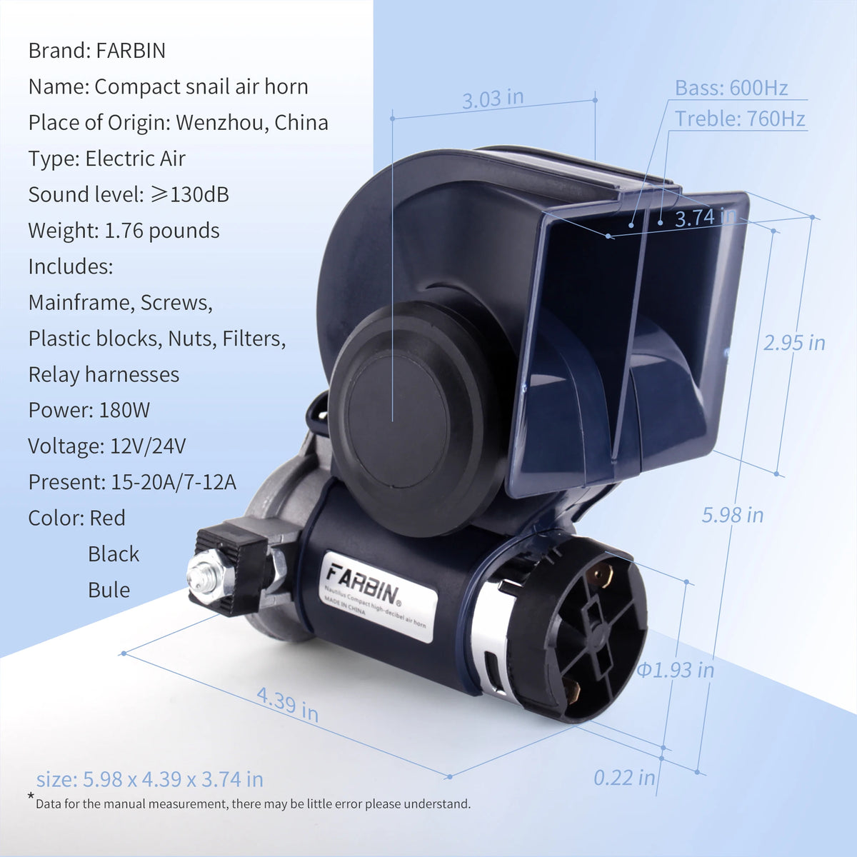 A dark blue electronic air horn device shown from the side, detailing its dimensions and components.
