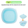 A translucent blue folding ice basin with a lid shown next to the open bowl.