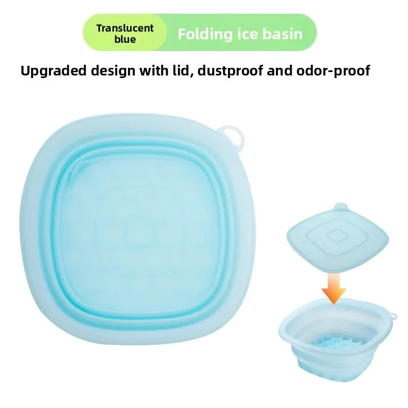 A translucent blue folding ice basin with a lid shown next to the open bowl.