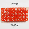 A rectangular bulk pack of 100 orange acrylic D6 dice with white dots.