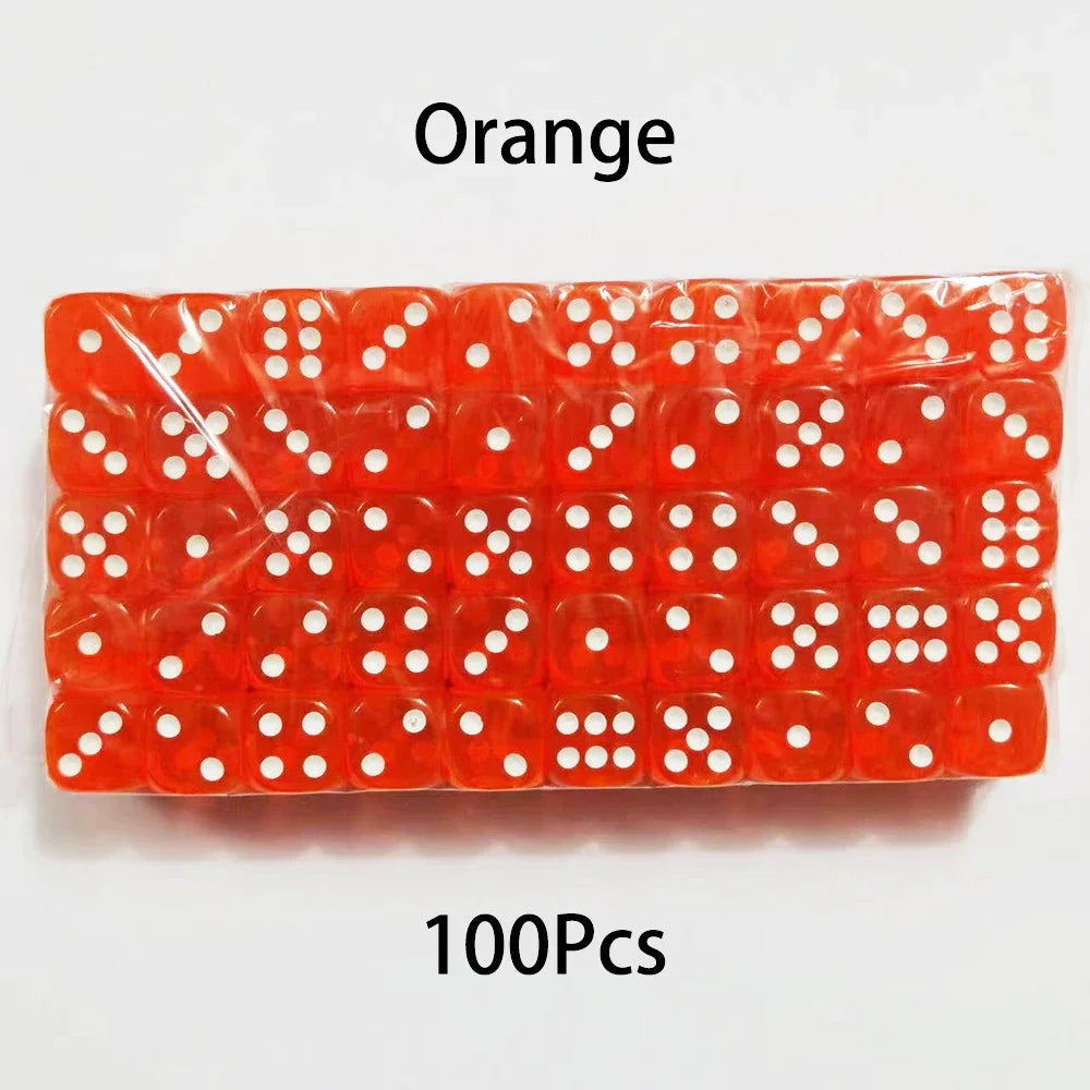A rectangular bulk pack of 100 orange acrylic D6 dice with white dots.
