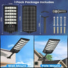 A set of high-powered solar flood lights shown in package components and installed as wall mount and pole mount fixtures.