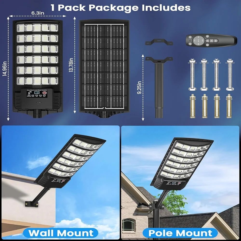 A set of high-powered solar flood lights shown in package components and installed as wall mount and pole mount fixtures.