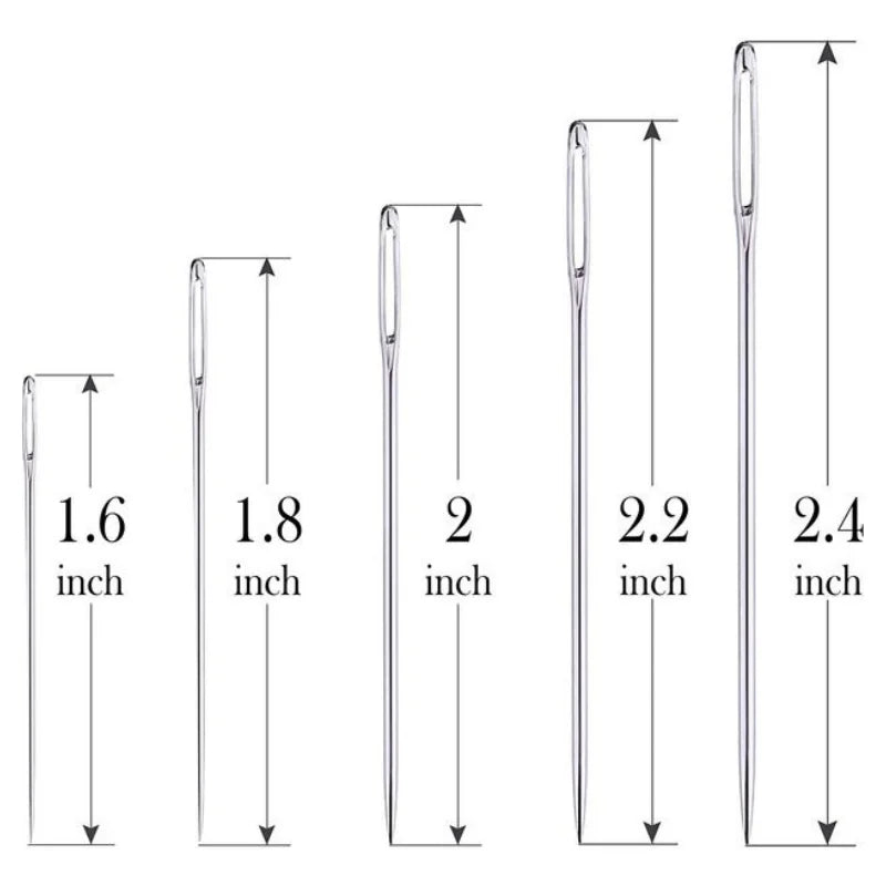 A set of five large eye sewing needles with varying lengths, shown next to measurement guides.