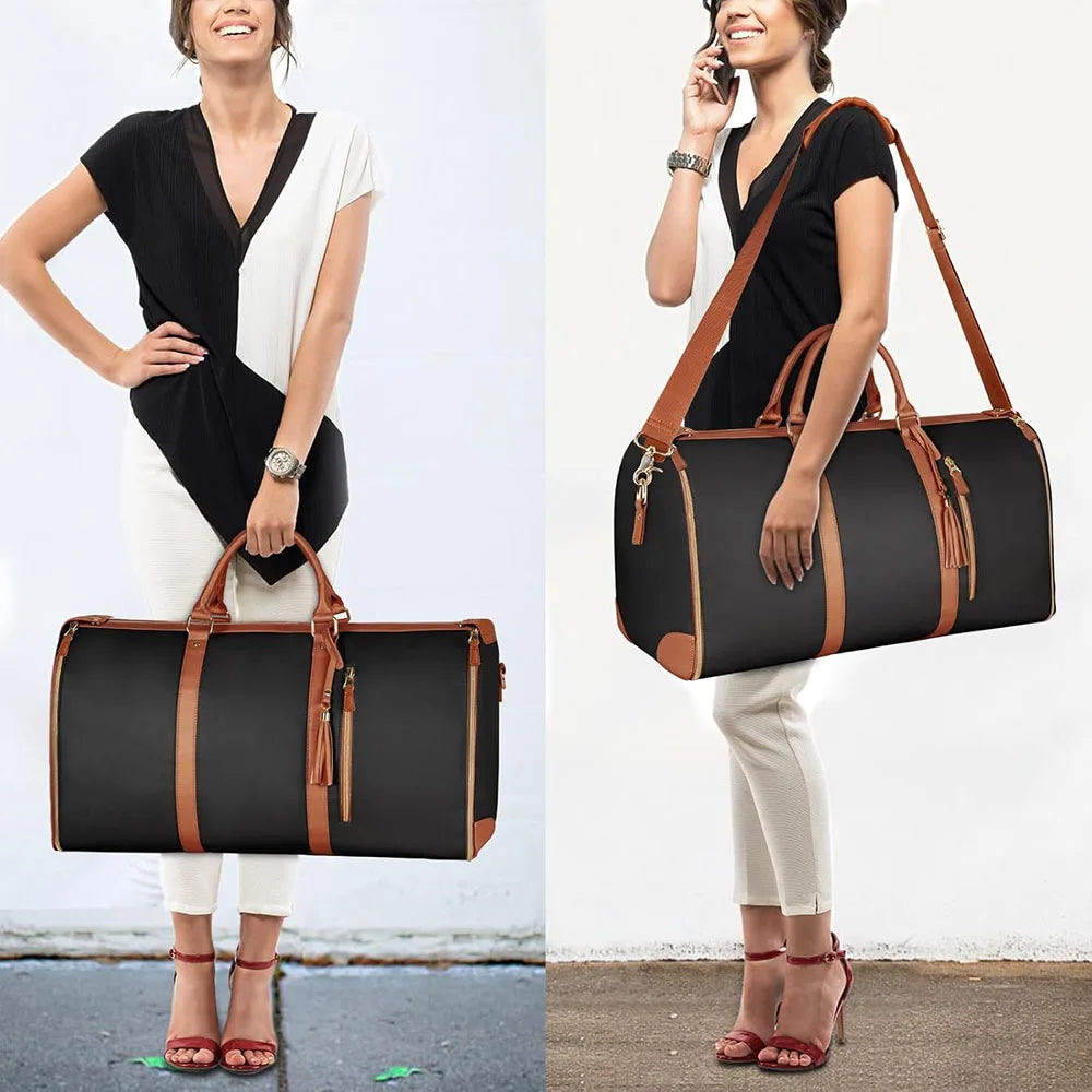 A woman is shown holding a black foldable travel duffel bag with brown accents and a shoe pouch.