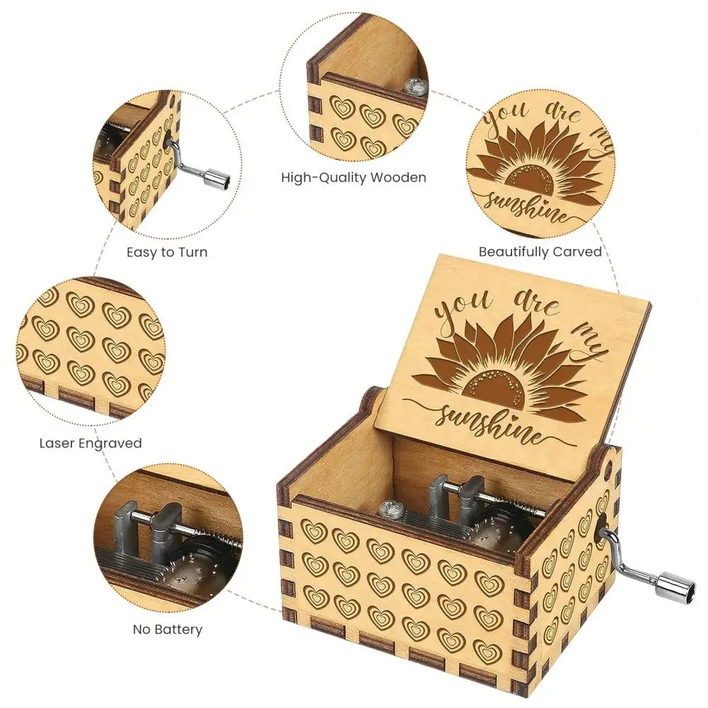 Hand-Cranked Wooden Music Box - 'You Are My Sunshine' Melody