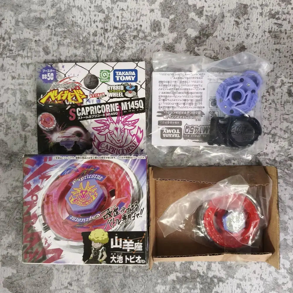 A box of Takara Tomy S Capricorn M145Q Beyblade and an accompanying plastic bag containing a black Beyblade.