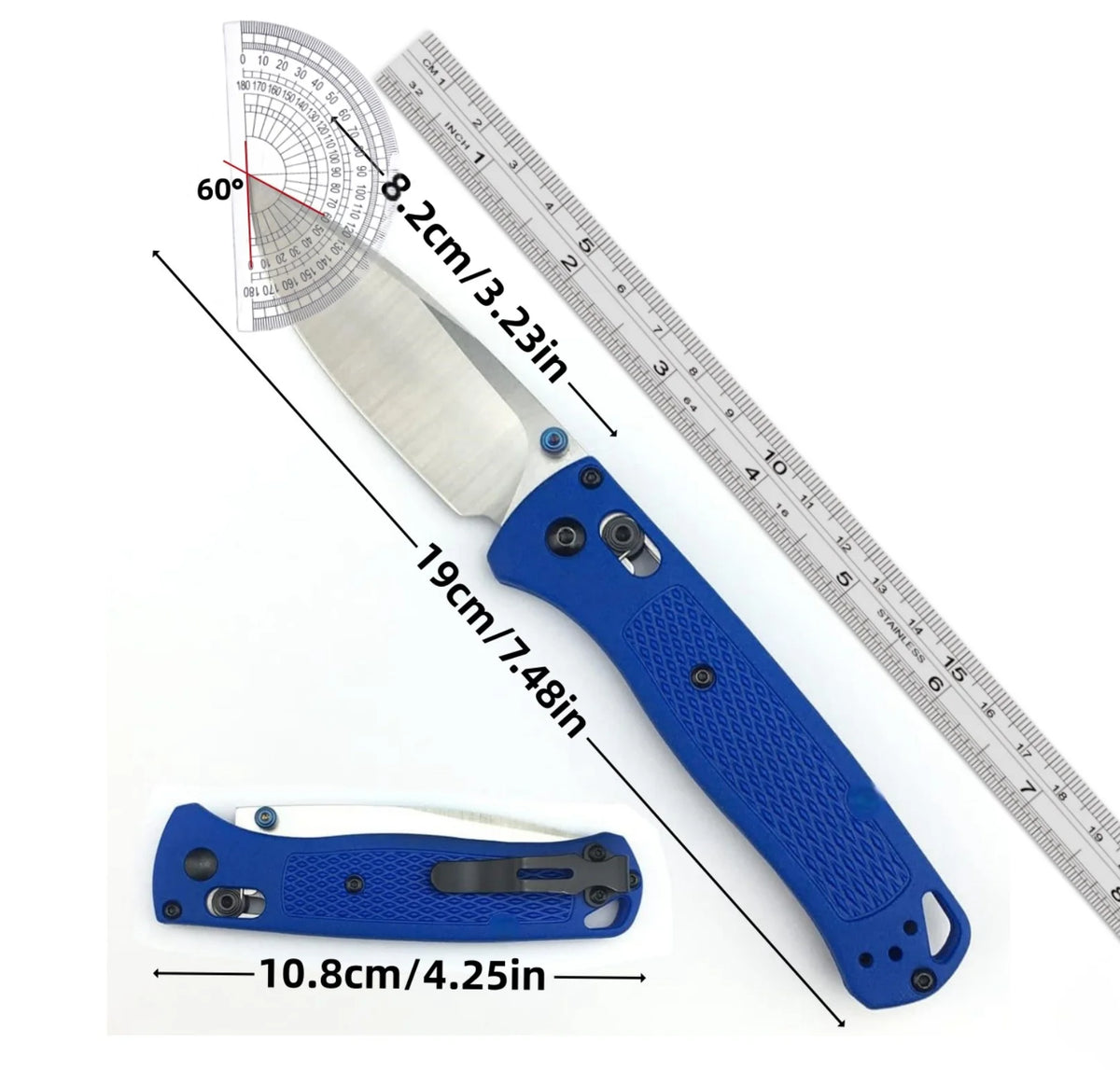 A blue folding pocket knife with a drop point blade shown next to a ruler and measurements.