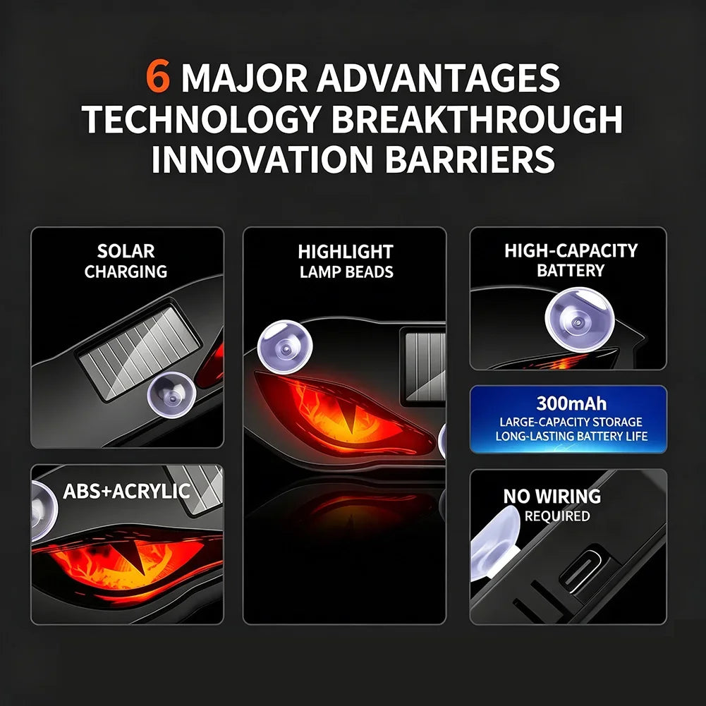 Image showing six advantages of a solar-powered LED rear window warning light, including solar charging, highlight lamp beads