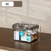 A transparent plastic first aid storage box with a handle, filled with various medical supplies.