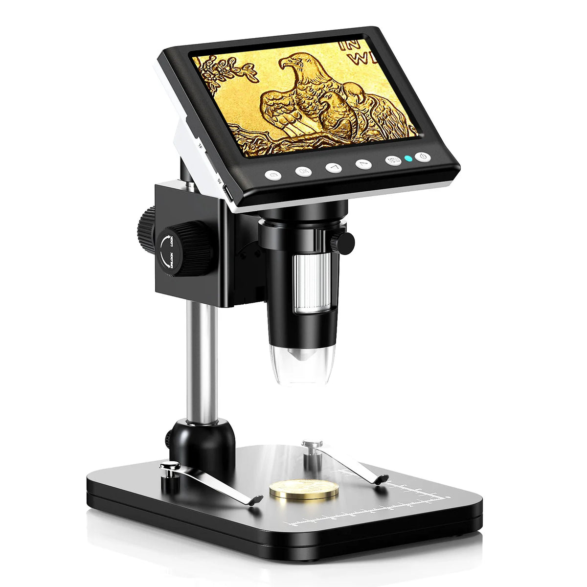 A digital microscope with a screen, objective, and mounting stage is shown on a black base.