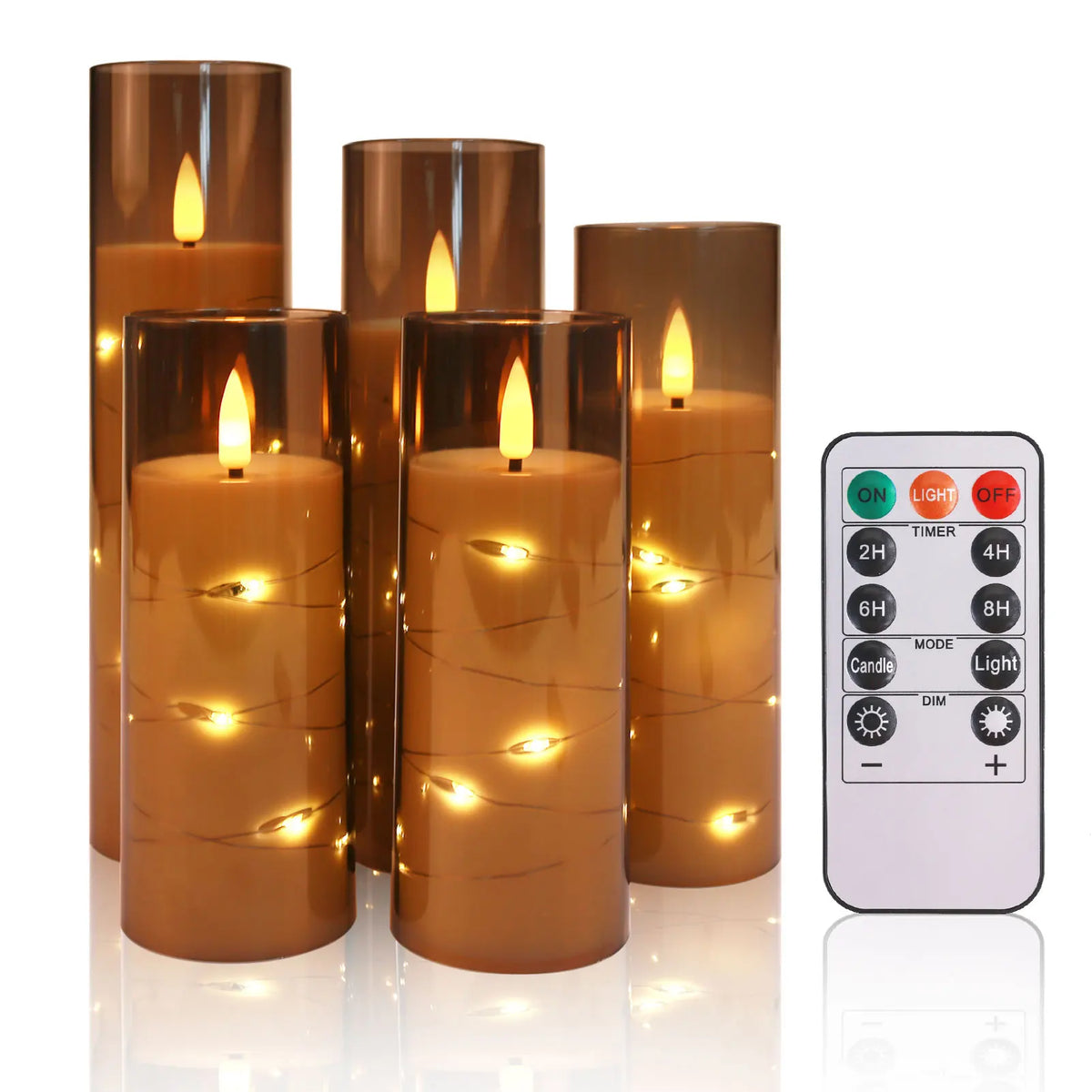 A set of amber glass candles with twinkling string lights and a remote control for lighting.