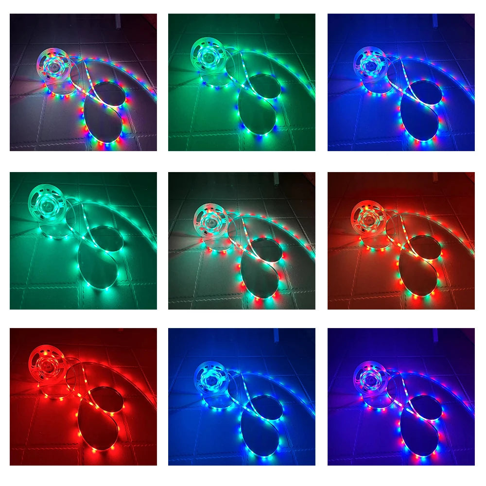 A multicolor RGB LED strip light is shown illuminating a dark surface, demonstrating its glow and color effects.