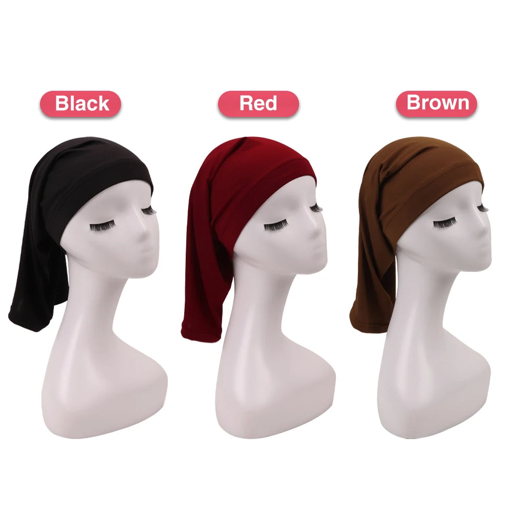 Three hair protection caps in black, red, and brown for curly braids and locs displayed on mannequins.
