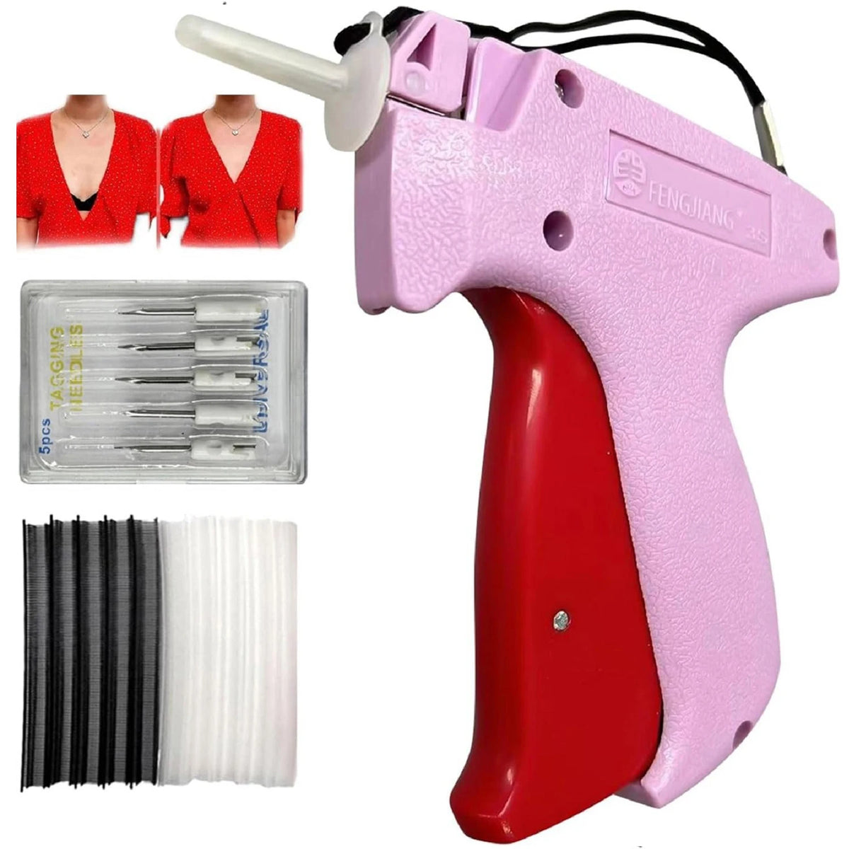 A pink and red mini handheld stitch gun with a needle and thread kit for clothing repairs.