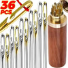 A set of 36 stainless steel self-threading sewing needles packaged in a wooden container.