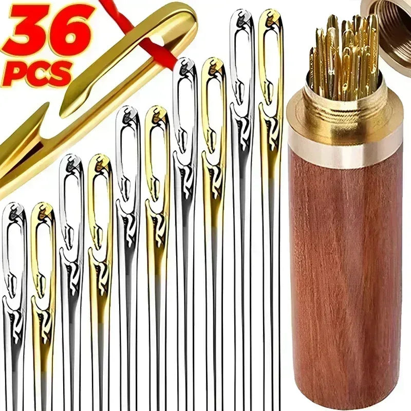 A set of 36 stainless steel self-threading sewing needles packaged in a wooden container.