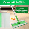 A green mop pad with a white cleaning cloth is shown next to a mop handle, indicating compatibility with a Swiffer sweeper fl