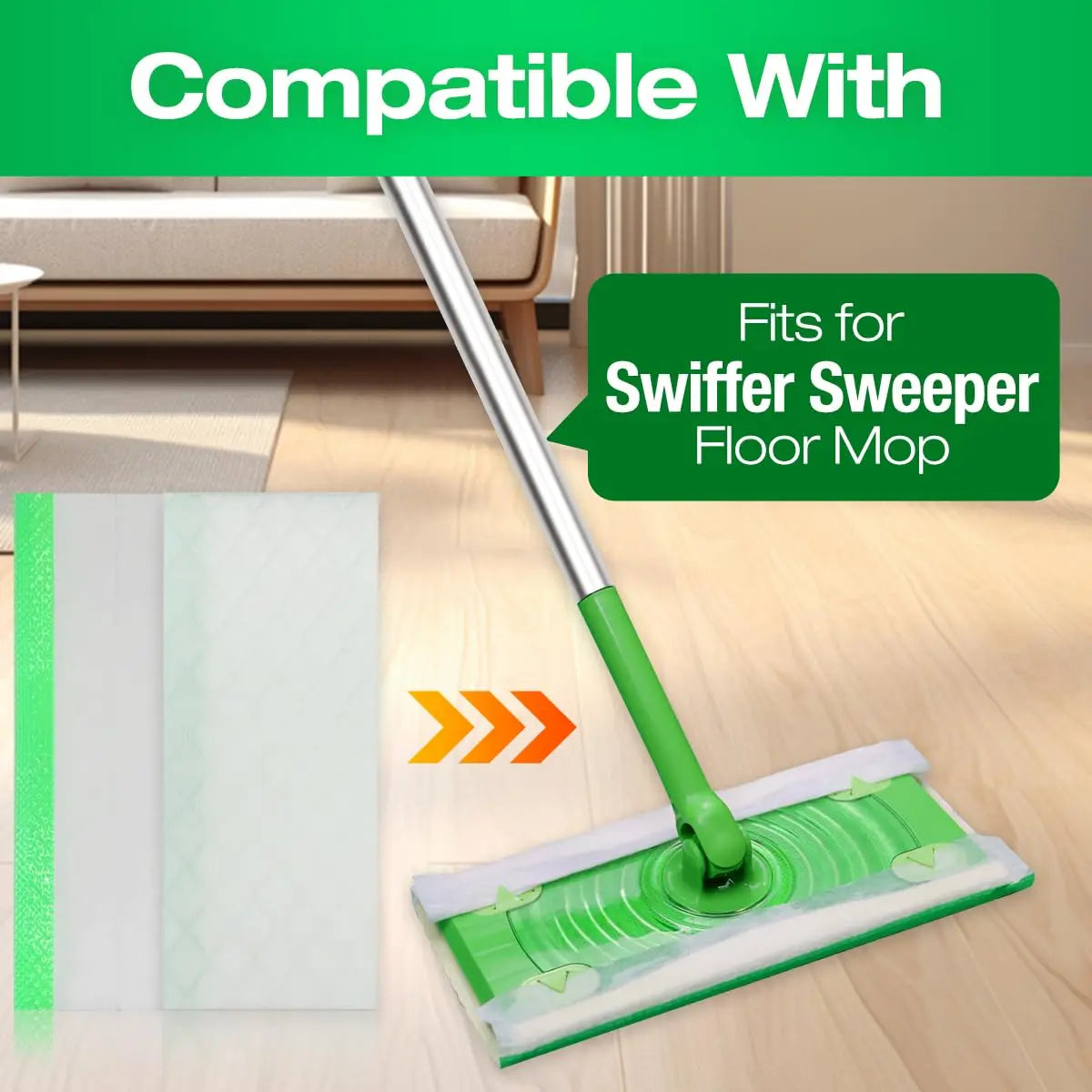 A green mop pad with a white cleaning cloth is shown next to a mop handle, indicating compatibility with a Swiffer sweeper fl