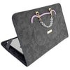 A gray laptop briefcase with a purple trim and a silver chain strap is shown open.