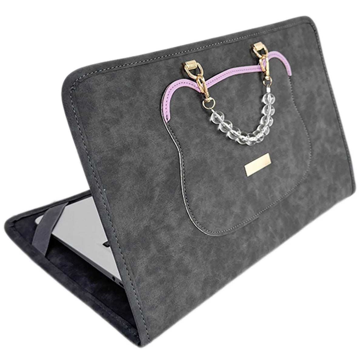 A gray laptop briefcase with a purple trim and a silver chain strap is shown open.