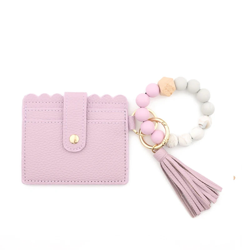 Silicone Bead Bracelet Leather Card Holder Wristlet