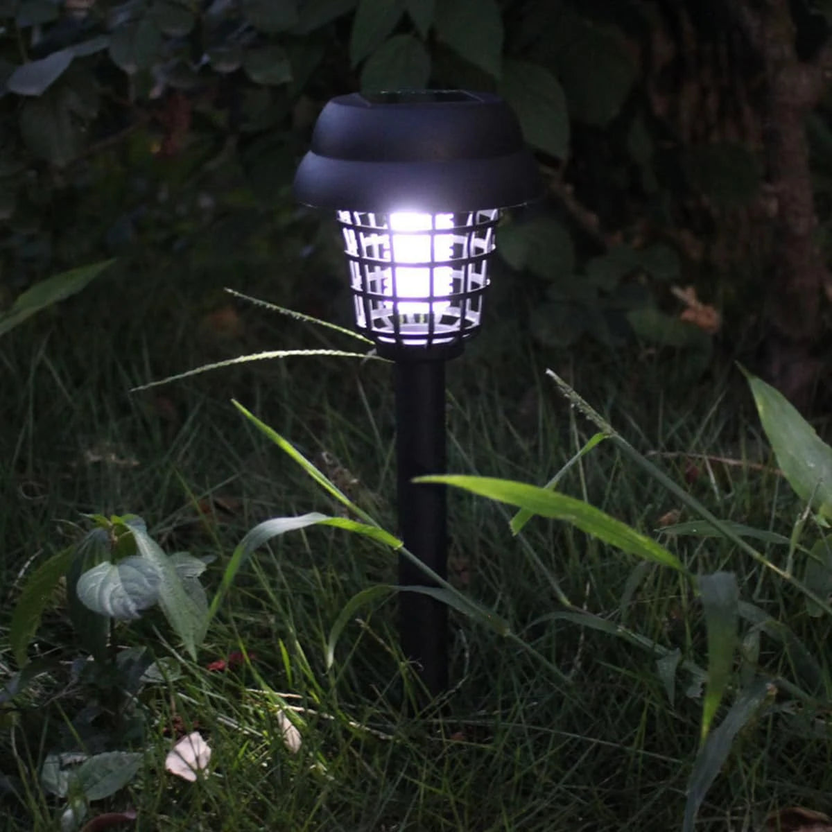 A black solar-powered mosquito zapper with an ambient light illuminates the surrounding grass.