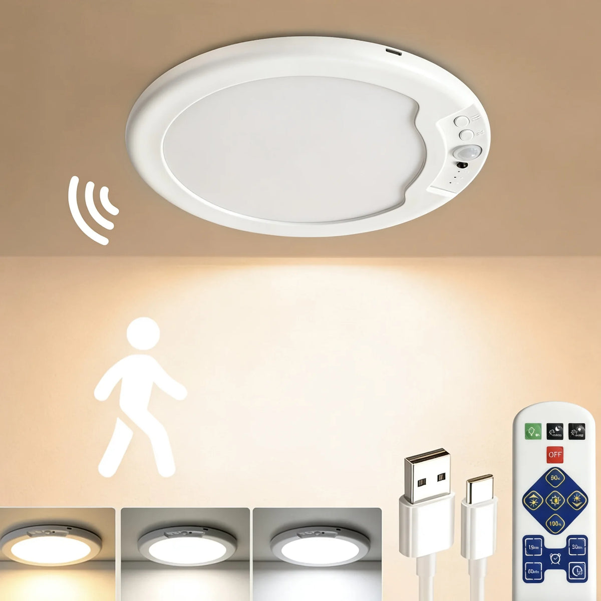 A white LED motion sensor ceiling light with a magnetic mount and remote control is shown above a recessed light fixture.