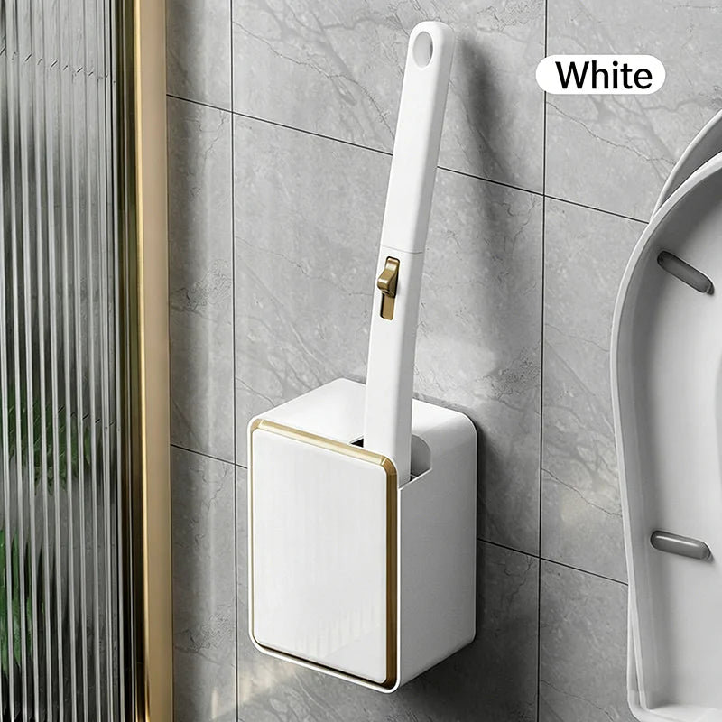 A white wall-mounted disposable toilet brush set with a replaceable head is shown against a gray tiled wall.