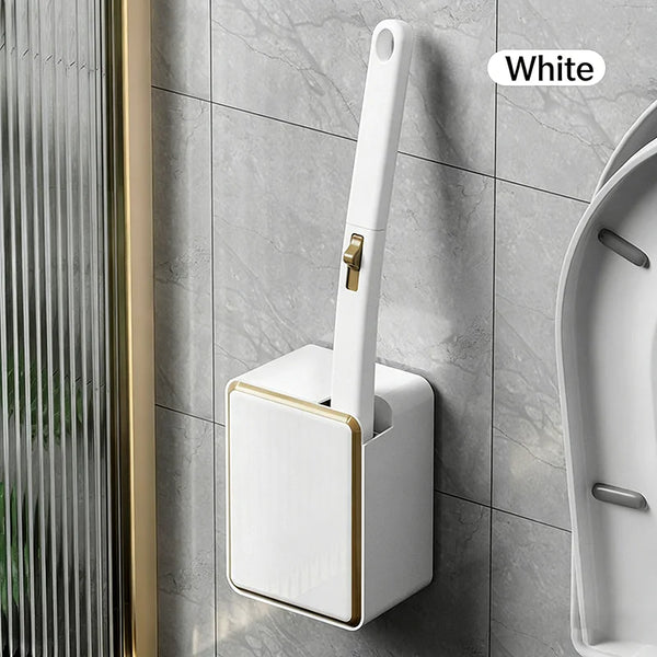 A white wall-mounted disposable toilet brush set with a replaceable head is shown against a gray tiled wall.