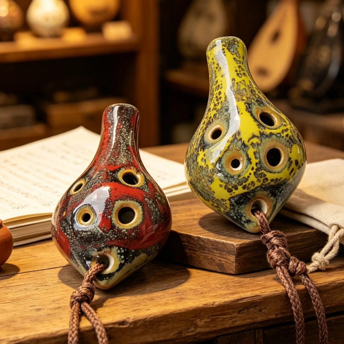Handcrafted ceramic pendant ocarina with six holes, featuring a yellow and black speckled design.