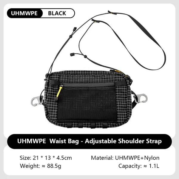 Black UHMWPE waist bag with an adjustable shoulder strap for outdoor use