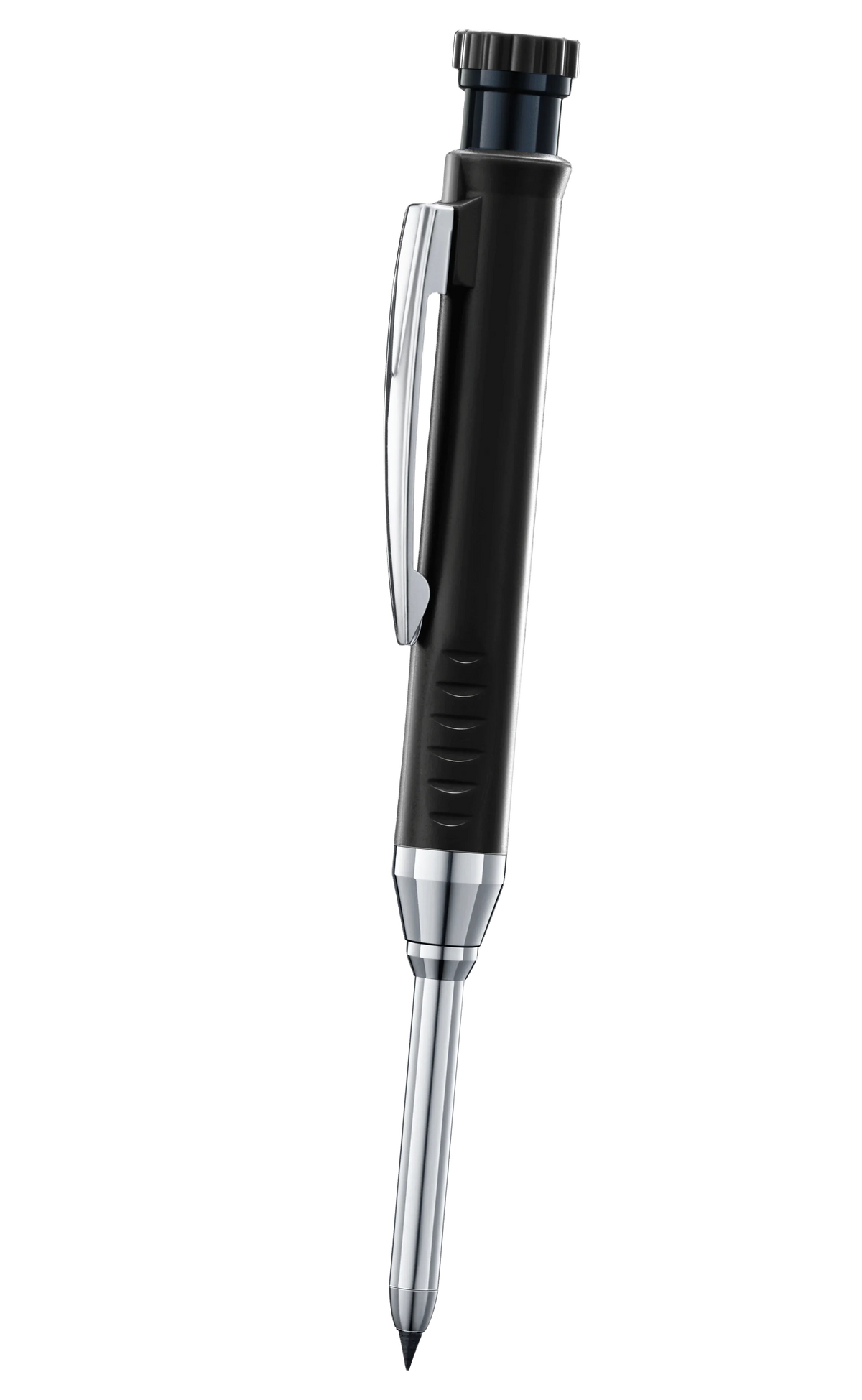 A black solid wood carpenter's mechanical pencil with a silver tip and grip.