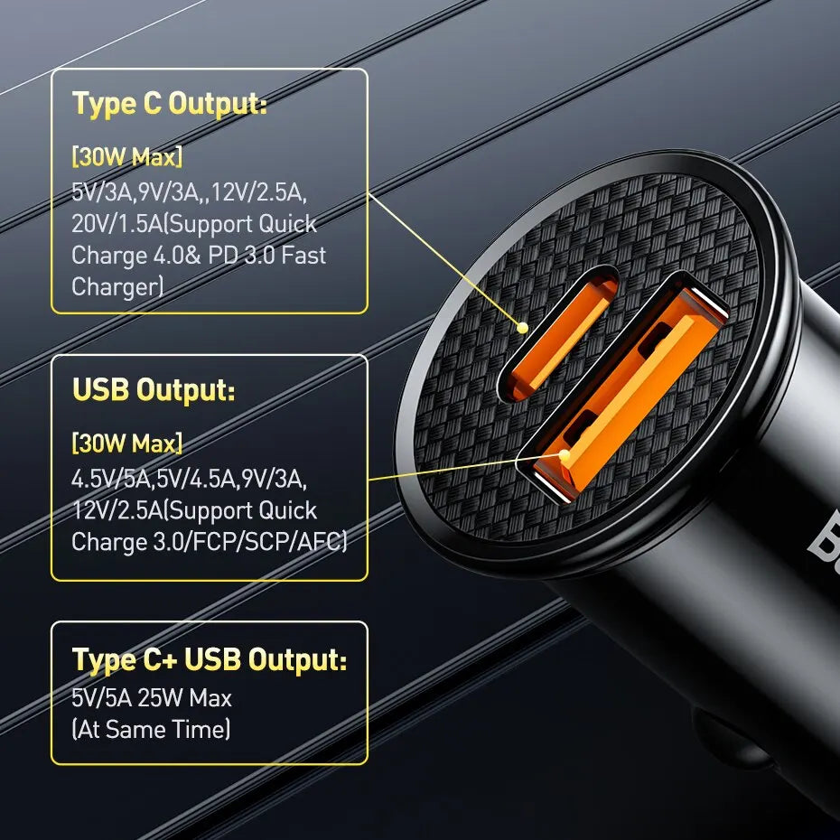 Close-up view of a black USB-C car charger showing various output specifications for Type C, USB, and Type C+ USB ports.