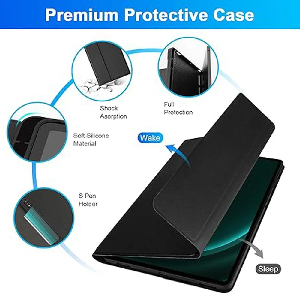 A black protective case for a tablet featuring shock absorption and an S Pen holder.