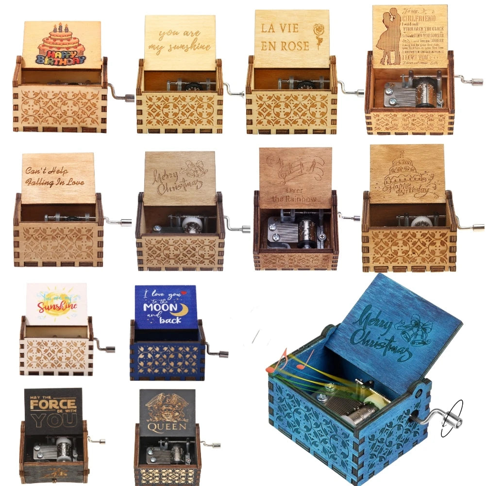 A collection of hand-cranked wooden music boxes featuring various themes like You Are My Sunshine and Merry Christmas.
