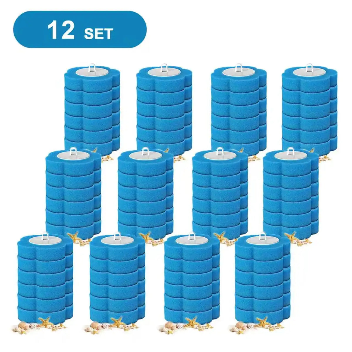 A set of twelve blue wall-mounted disposable toilet brush heads stacked in a grid.