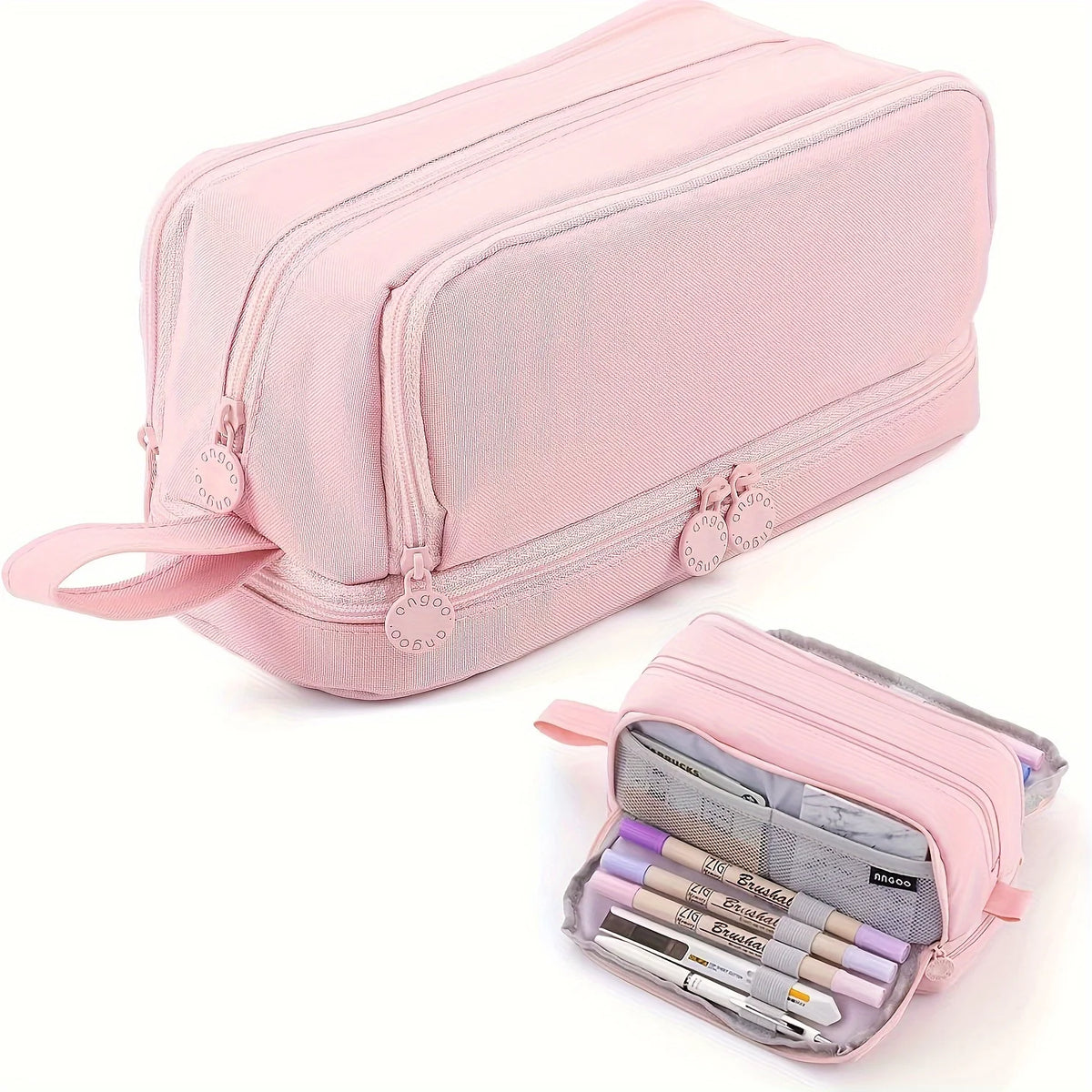 A pink large capacity fabric pencil case with a zipper and decorative embellishments.