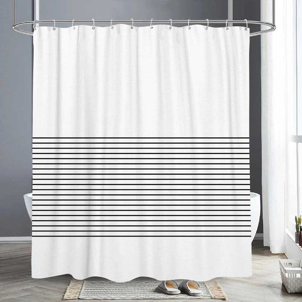White shower curtain with horizontal black stripes in a modern geometric pattern
