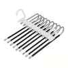 A set of nine stainless steel pants hangers with non-slip grips.