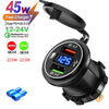 A black USB car charger with an LED display showing 12.5W and QC 3.0 fast charging capabilities.