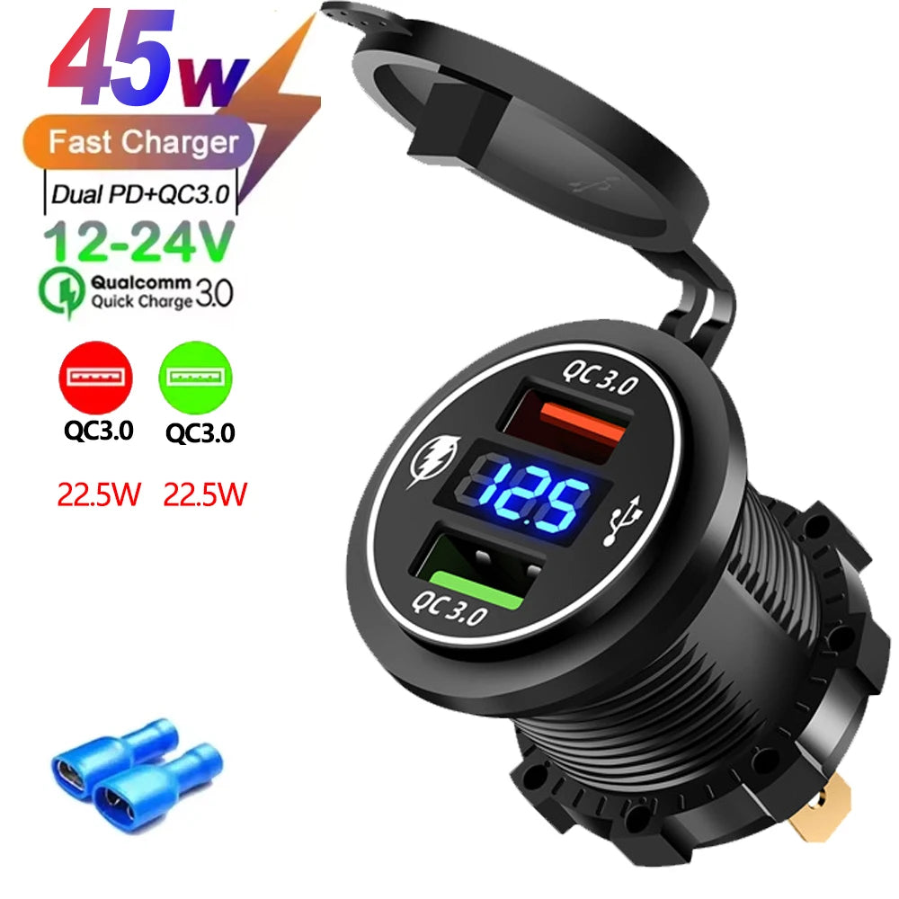 A black USB car charger with an LED display showing 12.5W and QC 3.0 fast charging capabilities.
