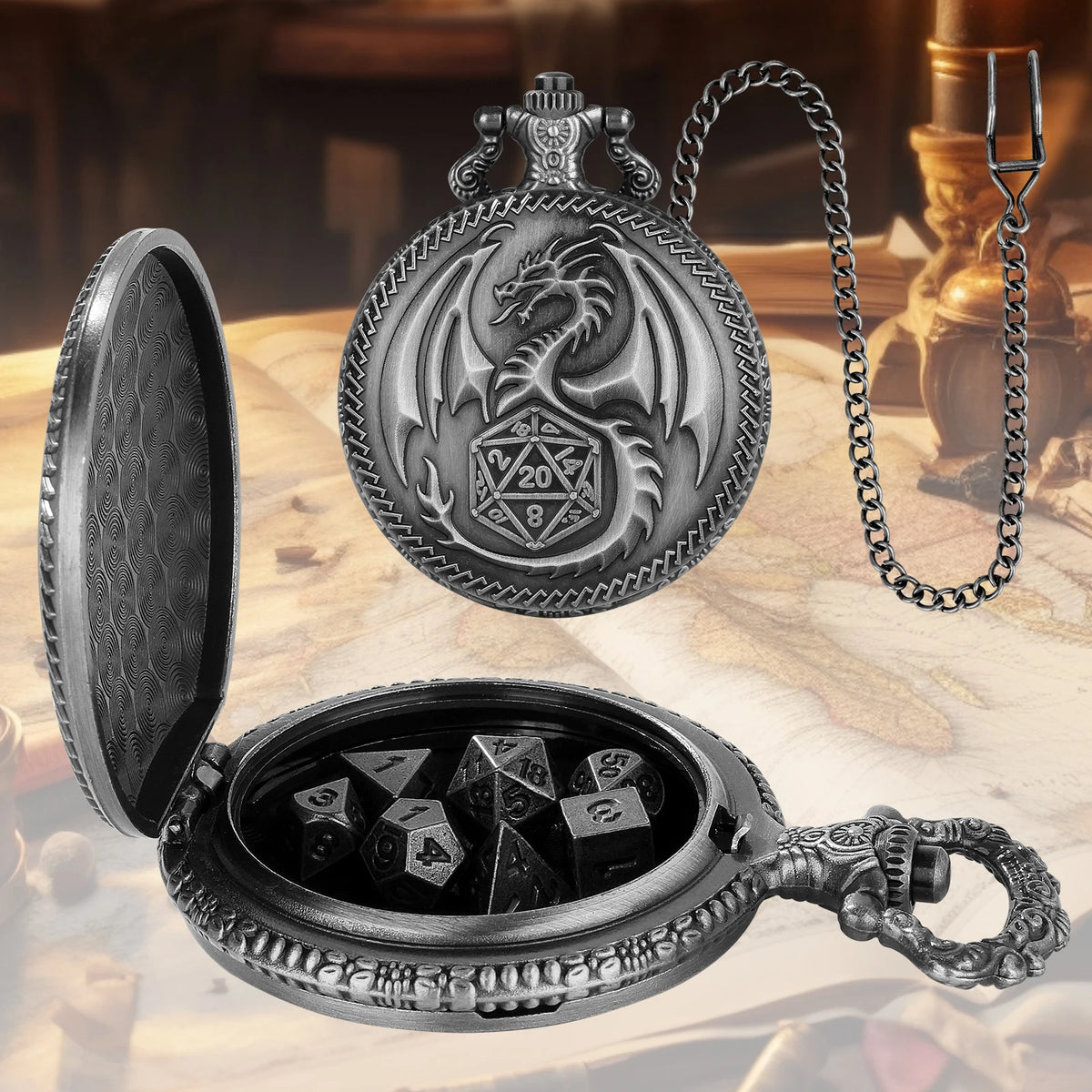 A silver dragon-themed pocket watch and dice case with a chain, featuring metal polyhedral dice inside.