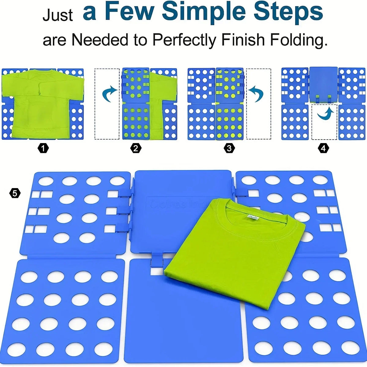 A set of blue plastic clothes folding boards and a bright lime green shirt demonstrating simple folding steps.