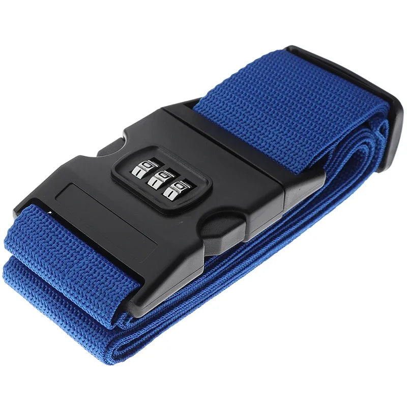 A black adjustable luggage strap with a blue fabric band and a combination lock feature.