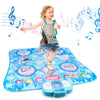 A young girl dancing on a blue mat with musical notes floating around her, next to an electronic music dance mat.