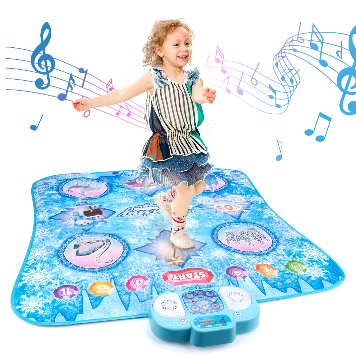 A young girl dancing on a blue mat with musical notes floating around her, next to an electronic music dance mat.