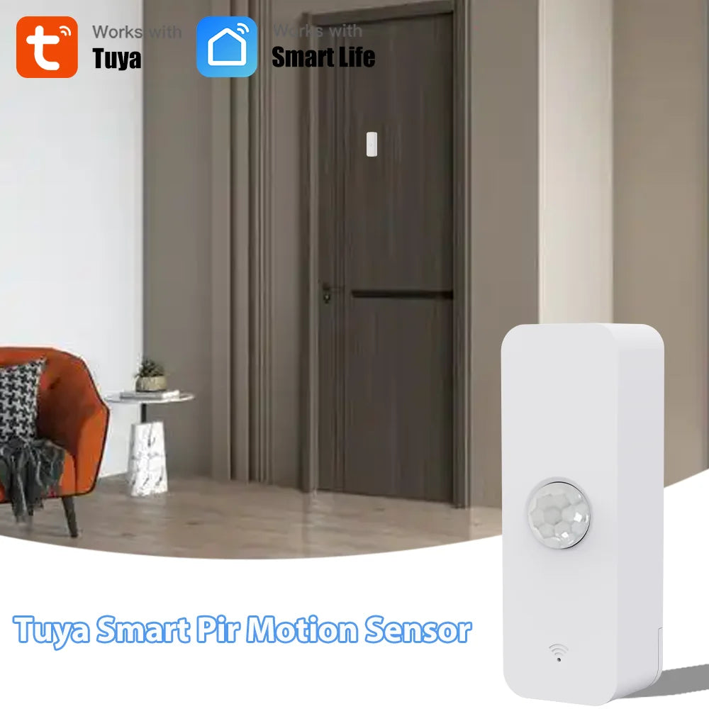 A white Tuya Smart PIR Motion Sensor device shown next to a closed door.
